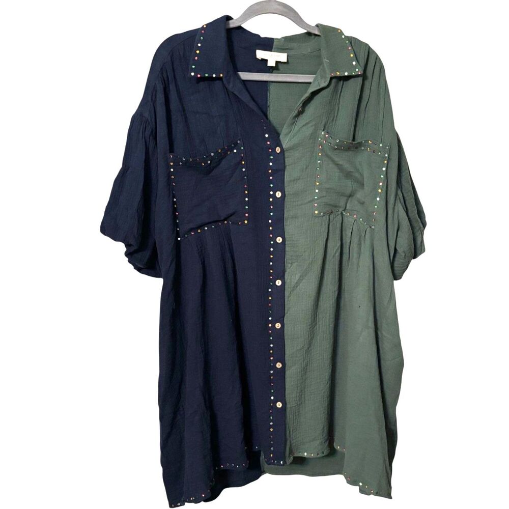 Peach Love California Color Block Gauze Shirt Dress Studded Oversized L-3X